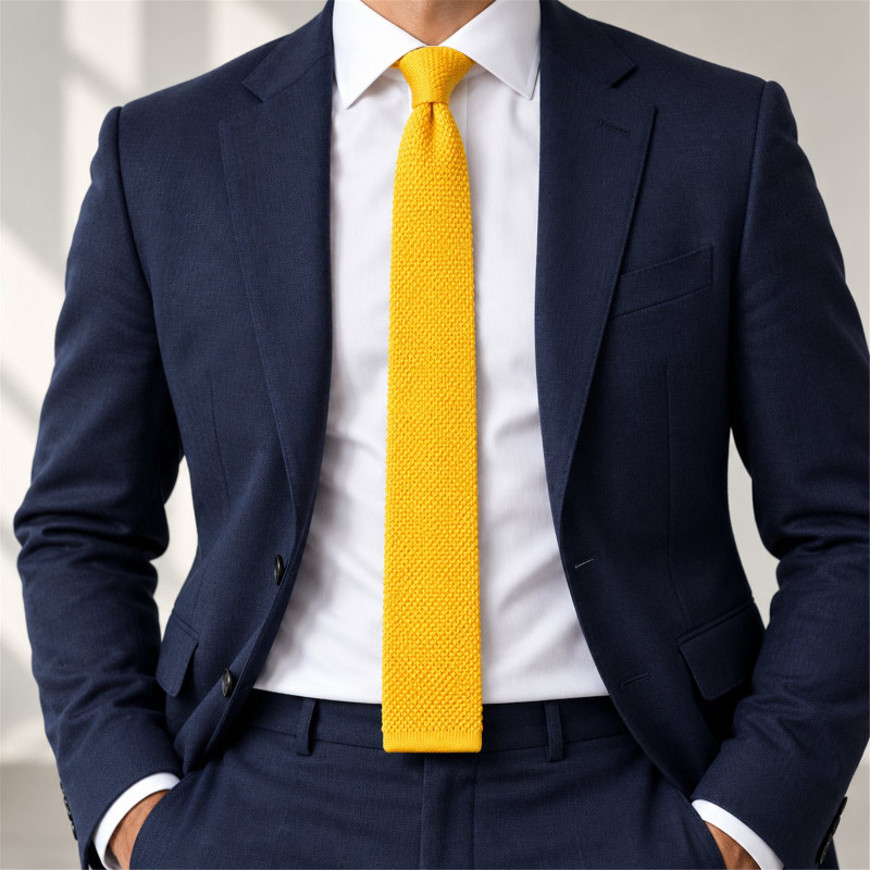 Cravate tricot de soie jaune savane